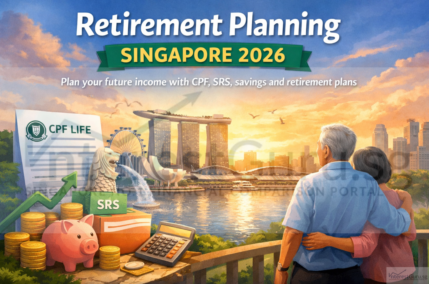 Retirement planning Singapore 2026 hero image featuring a senior couple overlooking the Singapore skyline with CPF LIFE, SRS, savings, and retirement income symbols.