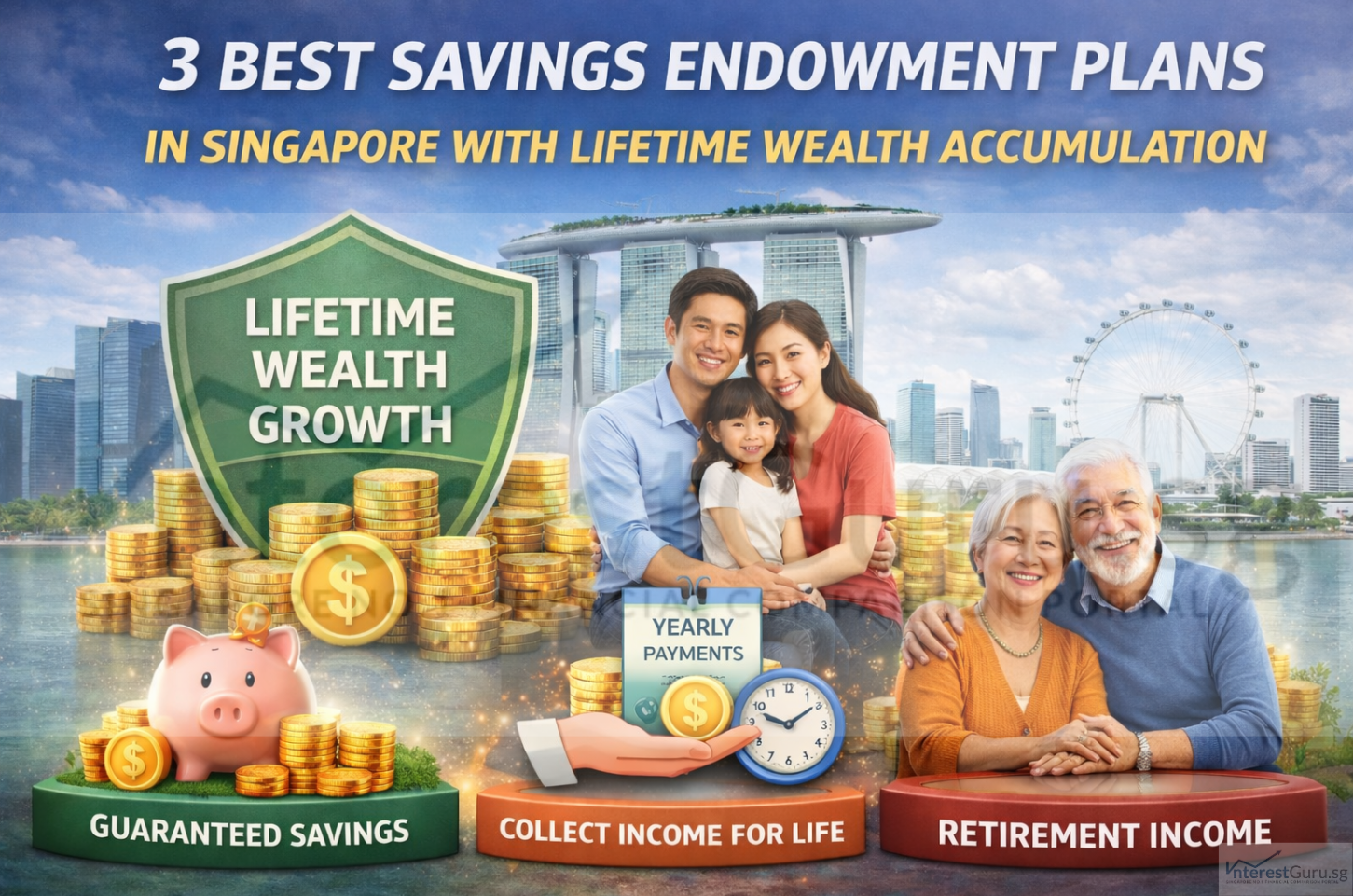 Singapore family and retirees with lifetime savings endowment plan illustration showing guaranteed savings and retirement income