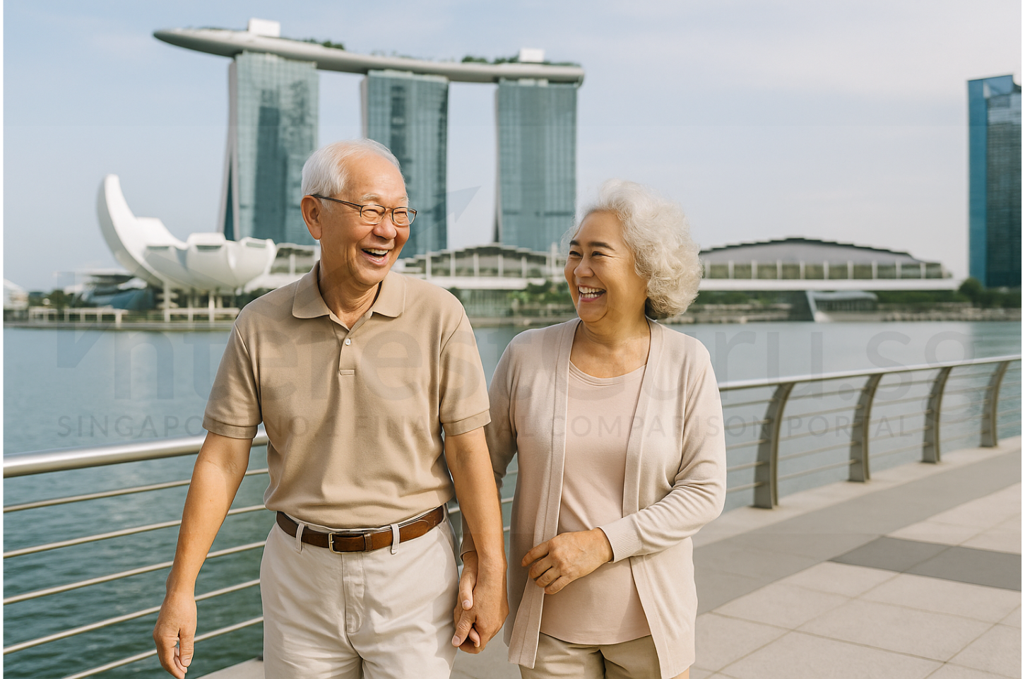 Happy retired elderly couple walking at Marina Bay Singapore, symbolizing financial security and best retirement plans 2025