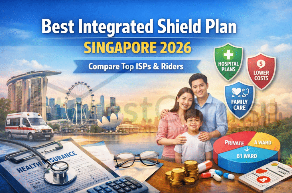 Best Integrated Shield Plan Singapore 2026 hero image showing Singapore skyline, a smiling family, and health insurance icons comparing private, A ward, and B1 ward coverage with “Compare Top ISPs & Riders” text.