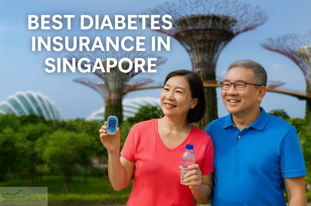 Smiling older Asian couple holding a glucometer and water bottle, representing best diabetes insurance in Singapore