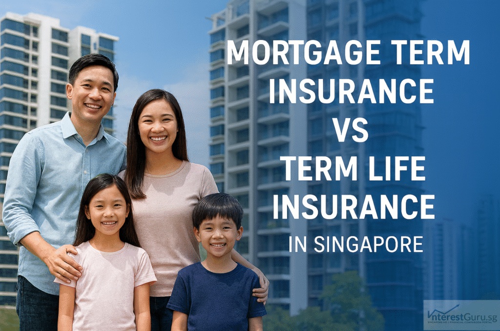Family with two kids standing by modern Singapore condominium, mortgage term insurance vs term life insurance visual.