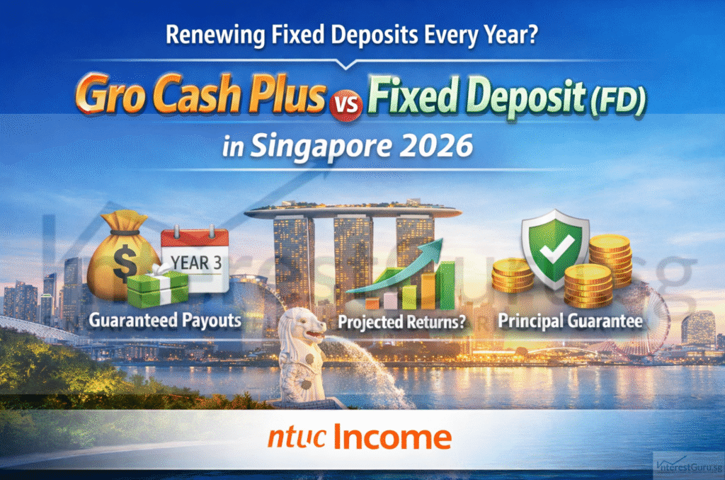 Gro Cash Plus vs FD hero image showing Singapore skyline and icons for guaranteed payouts, projected returns and principal guarantee in 2026.