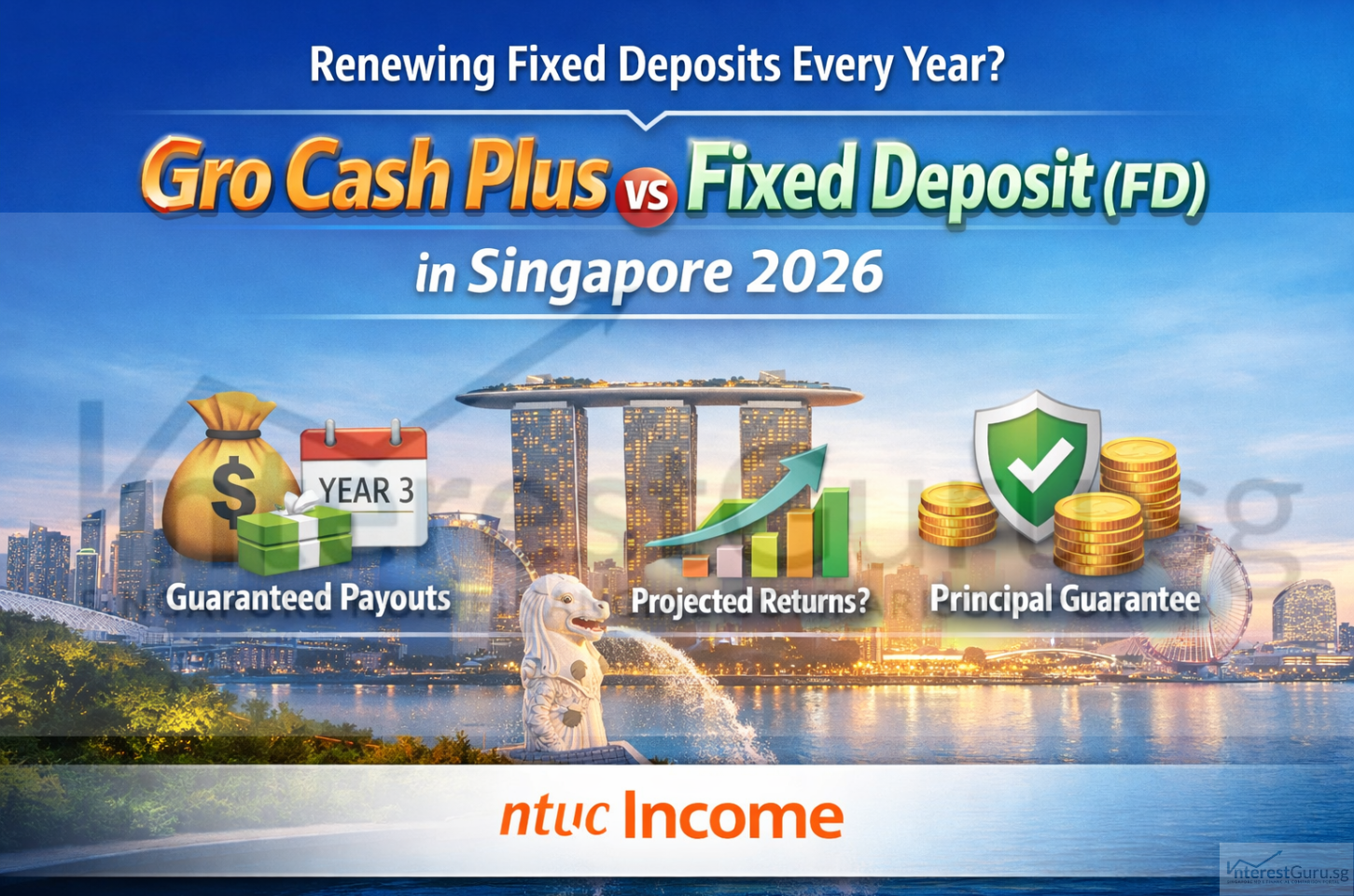 Gro Cash Plus vs FD hero image showing Singapore skyline and icons for guaranteed payouts, projected returns and principal guarantee in 2026.