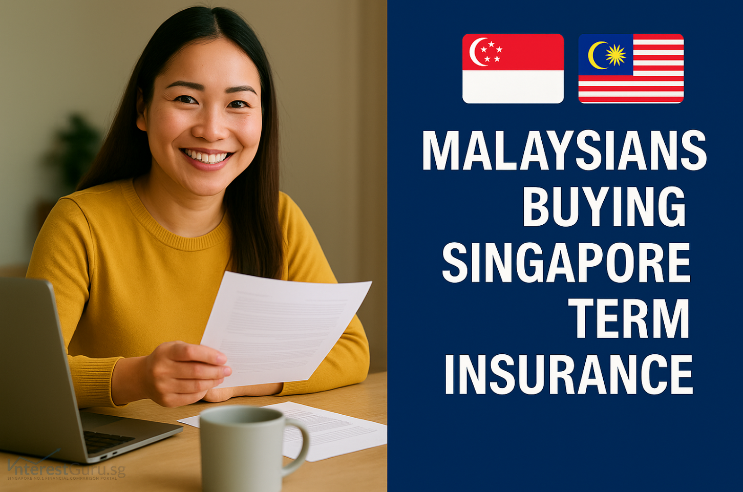 Smiling Malaysian woman reviewing documents beside Singapore and Malaysia flags, representing Malaysians buying Singapore term insurance in 2025.