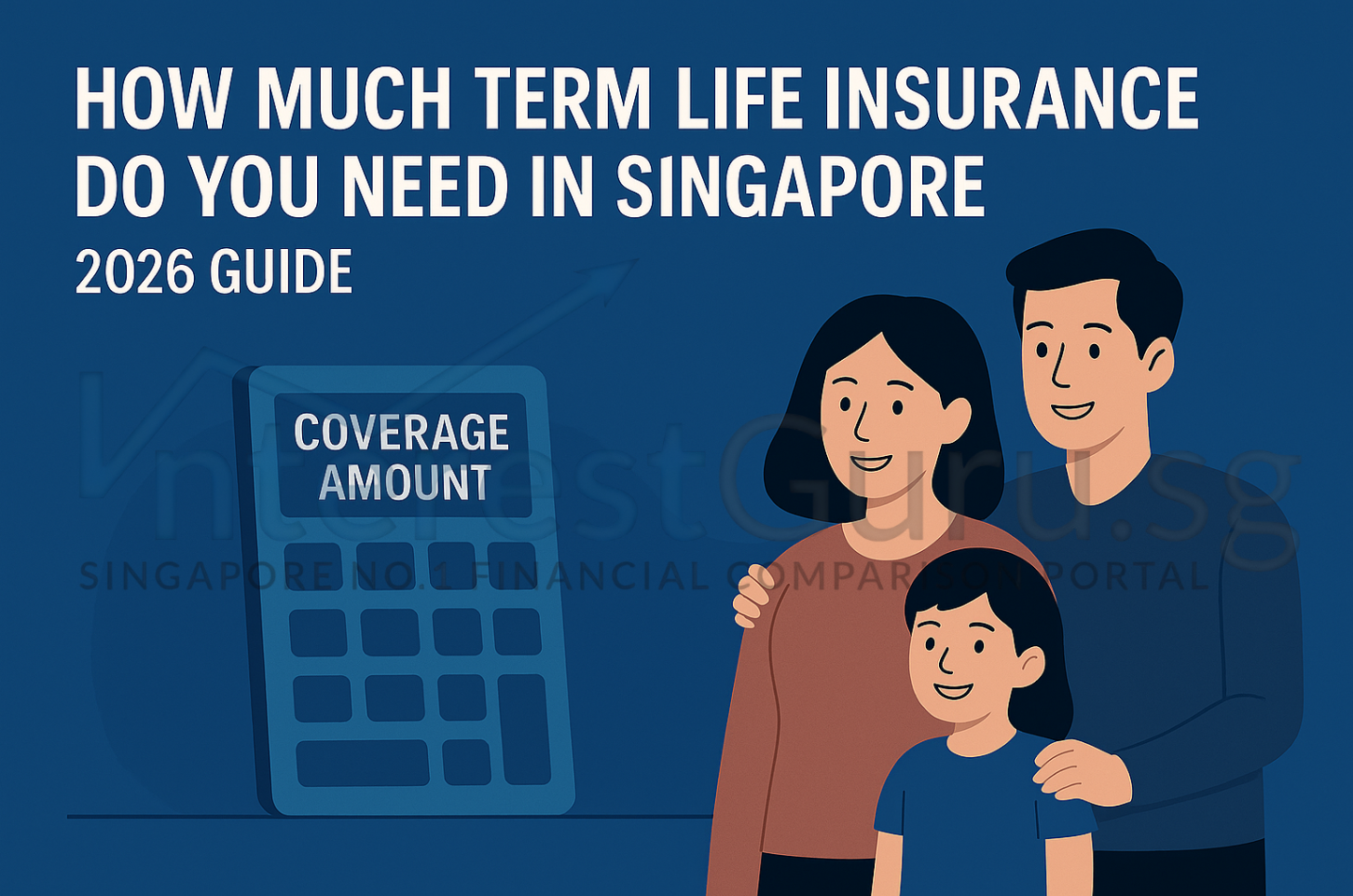 Premium blue illustration showing a Singapore family with a calculator labelled coverage amount, alongside the title How Much Term Life Insurance Do You Need in Singapore? 2026 Guide.