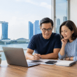 Singapore couple planning retirement income with laptop, calculator and financial documents