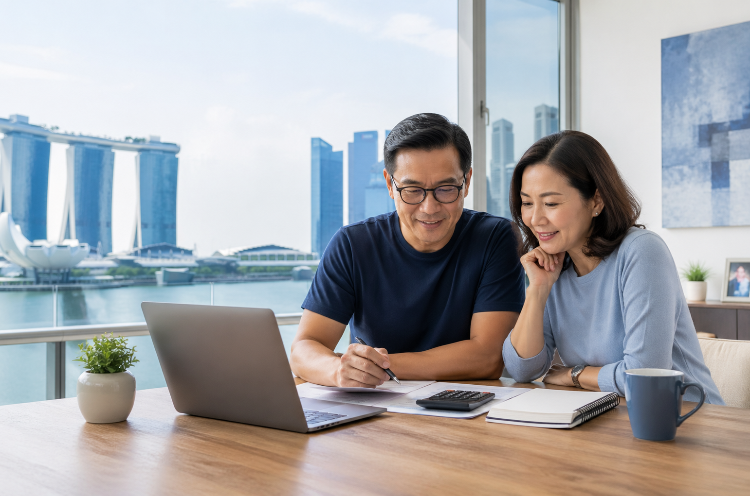 Singapore couple planning retirement income with laptop, calculator and financial documents